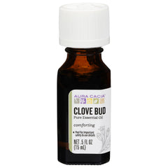 Aura Cacia Clove Bud Essential Oil bottle, warming aroma ideal for diffusion and massage blends.