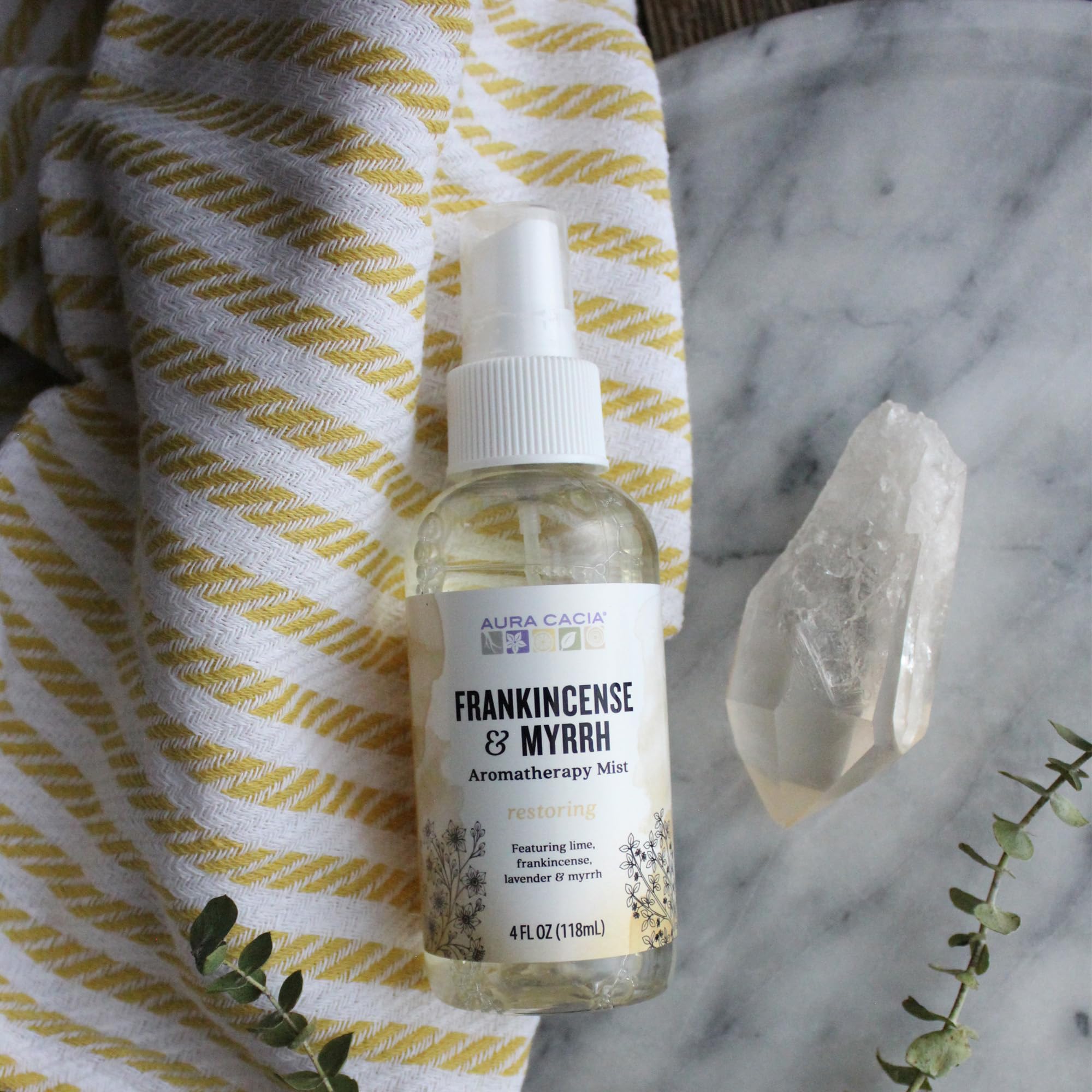 Aura Cacia Frankincense and Myrrh Mist application for calming aroma and quick refresh.
