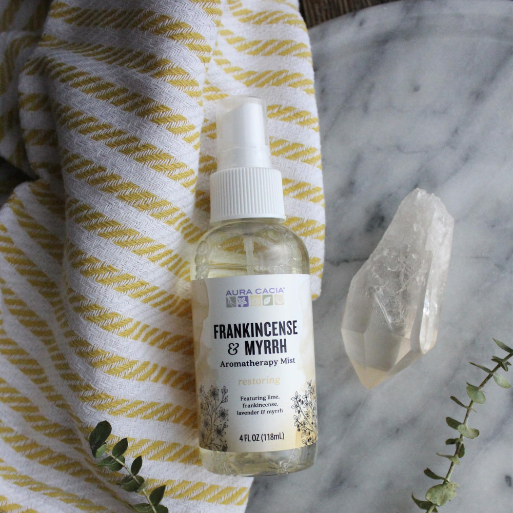 Aura Cacia Frankincense and Myrrh Mist application for calming aroma and quick refresh.