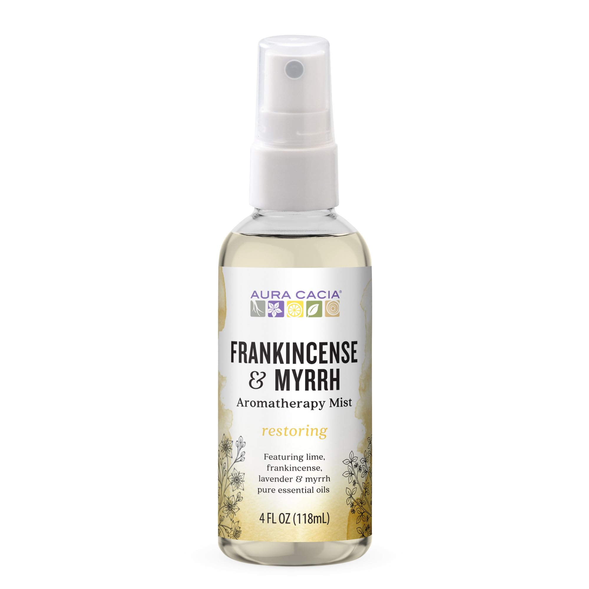 Aura Cacia Frankincense and Myrrh Mist bottle for daily self-care and aroma.