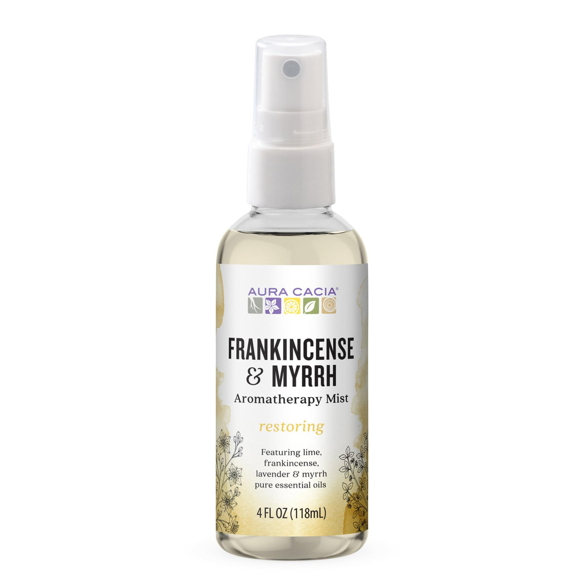 Aura Cacia Frankincense and Myrrh Mist bottle for daily self-care and aroma.