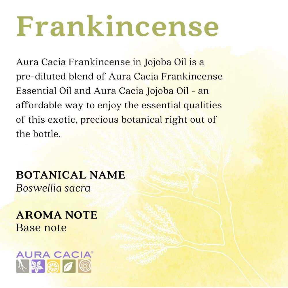 Aura Cacia Frankincense in Jojoba Oil ingredients label highlights purity and aroma notes