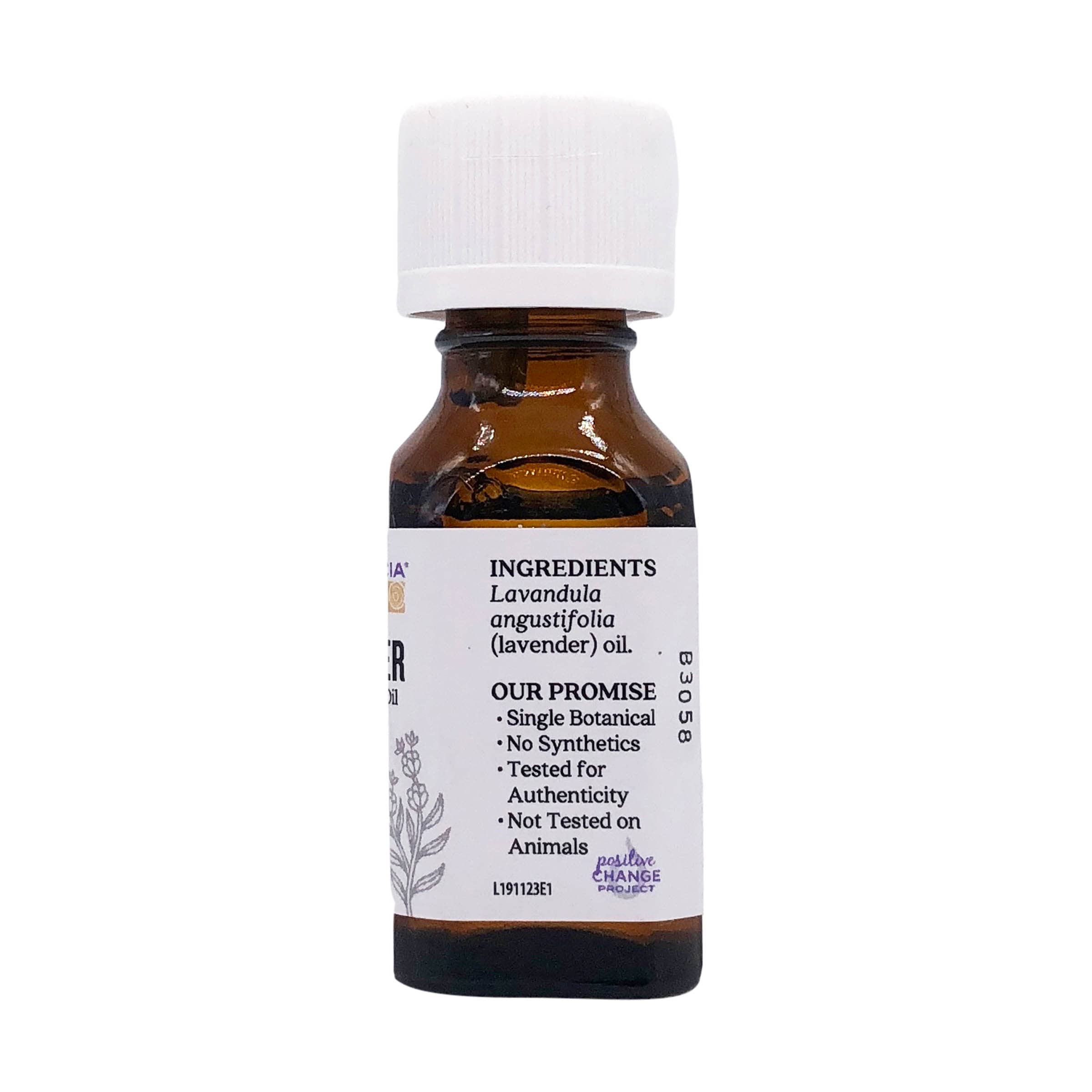 Aura Cacia lavender oil label, signaling 100% pure Lavandula angustifolia