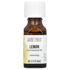 Aura Cacia lemon essential oil bottle close-up for bright, uplifting diffusions.