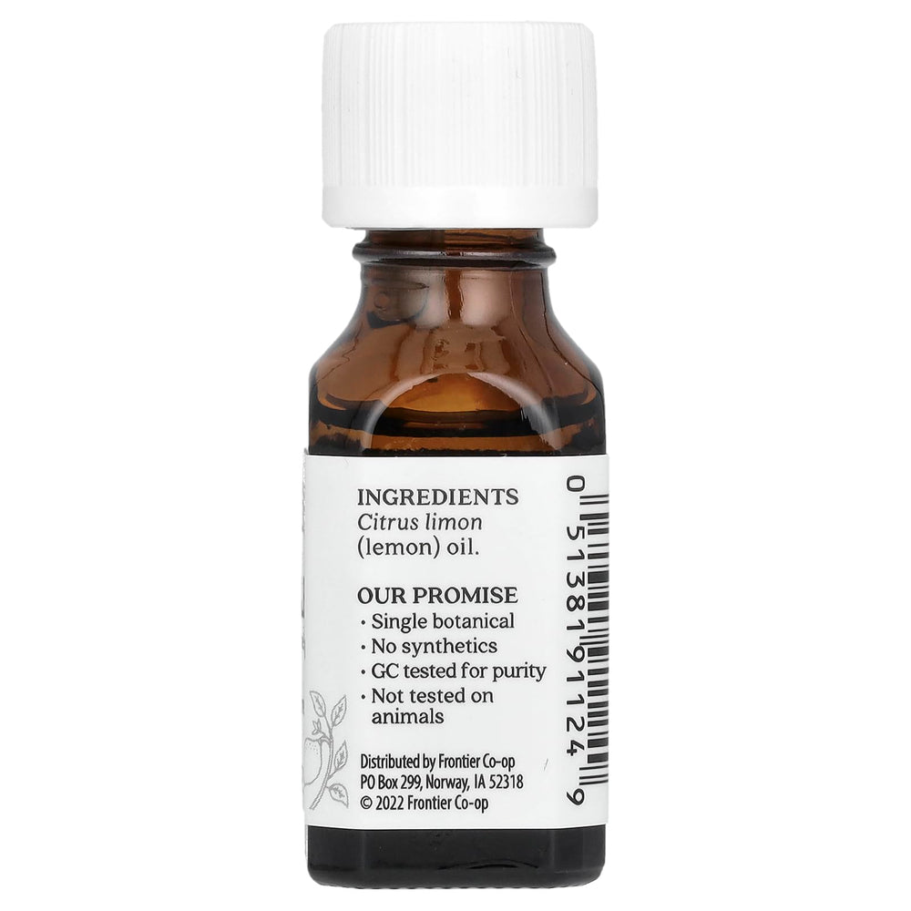 Aura Cacia lemon oil with fresh citrus scent, ideal for cleansing blends.