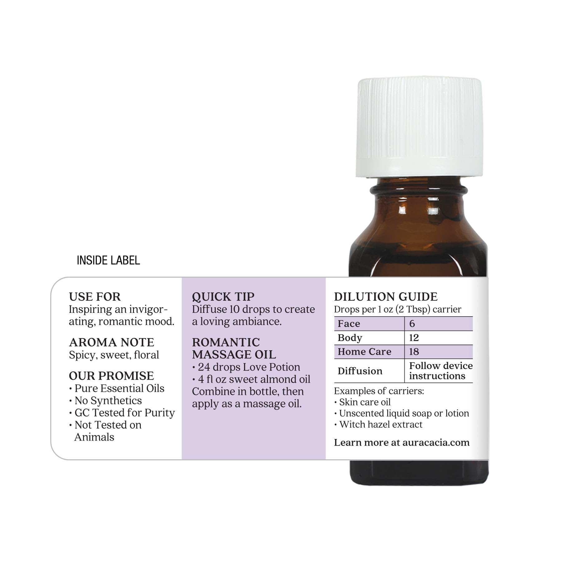Aura Cacia Love Potion aroma-note close-up emphasizes jasmine citrus and woody undertones