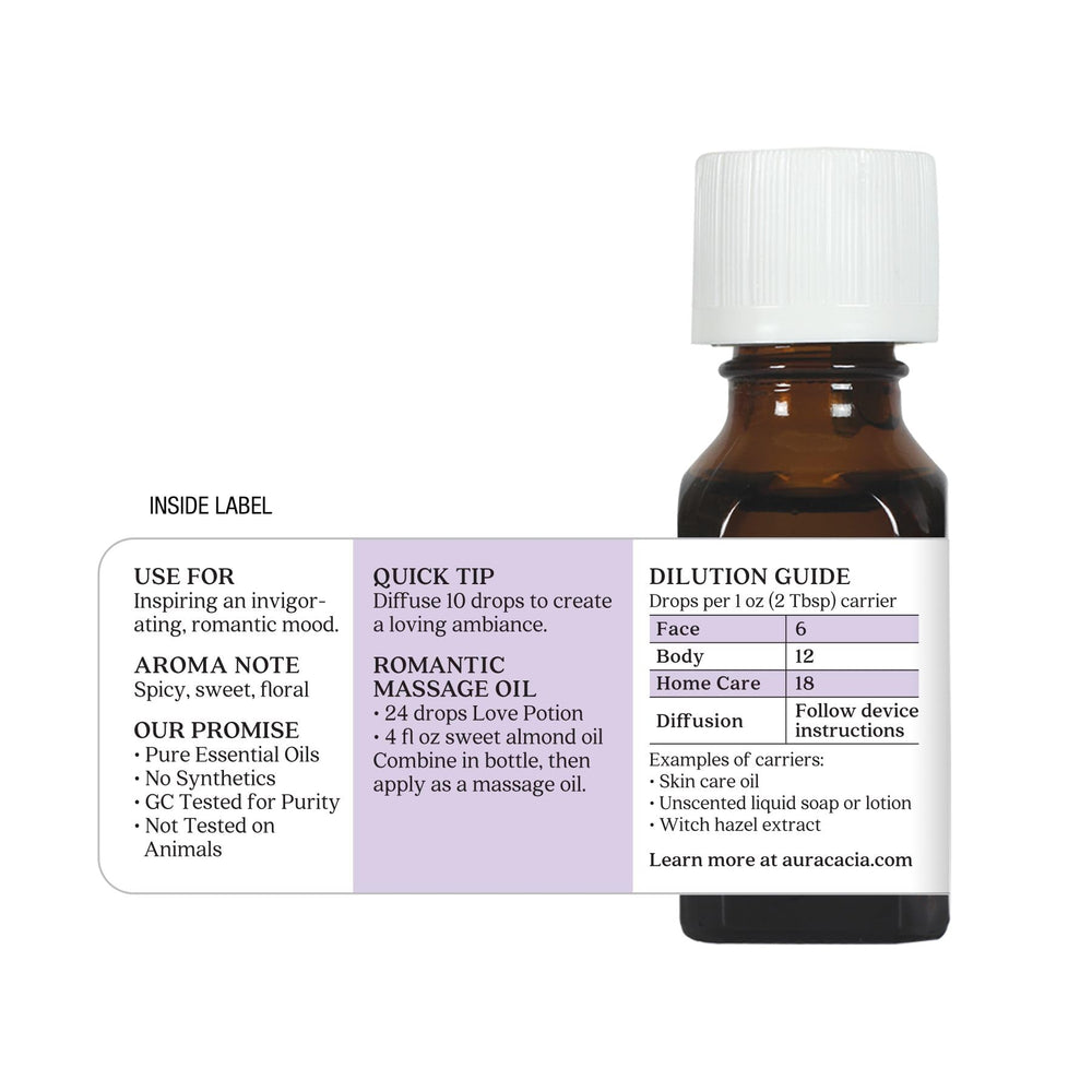 Aura Cacia Love Potion aroma-note close-up emphasizes jasmine citrus and woody undertones