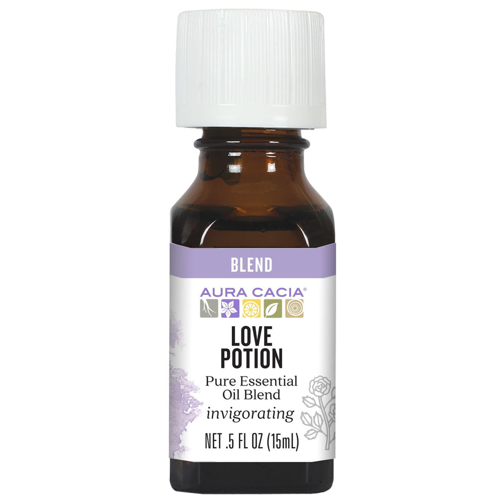 Aura Cacia Love Potion bottle front view highlights the romantic aroma blend