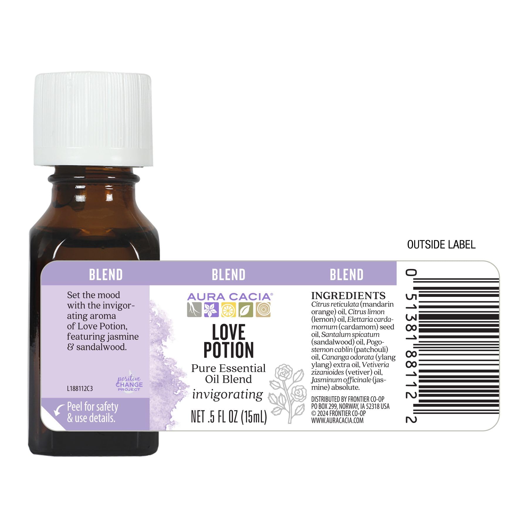 Aura Cacia Love Potion packaging image highlights recyclable bottle and eco-friendly design