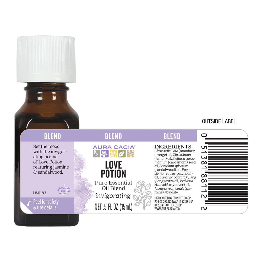 Aura Cacia Love Potion packaging image highlights recyclable bottle and eco-friendly design