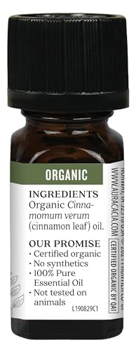 Aura Cacia Organic Cinnamon Leaf Oil ingredient highlights purity for DIY blends.