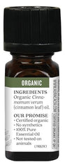Aura Cacia Organic Cinnamon Leaf Oil ingredient highlights purity for DIY blends.