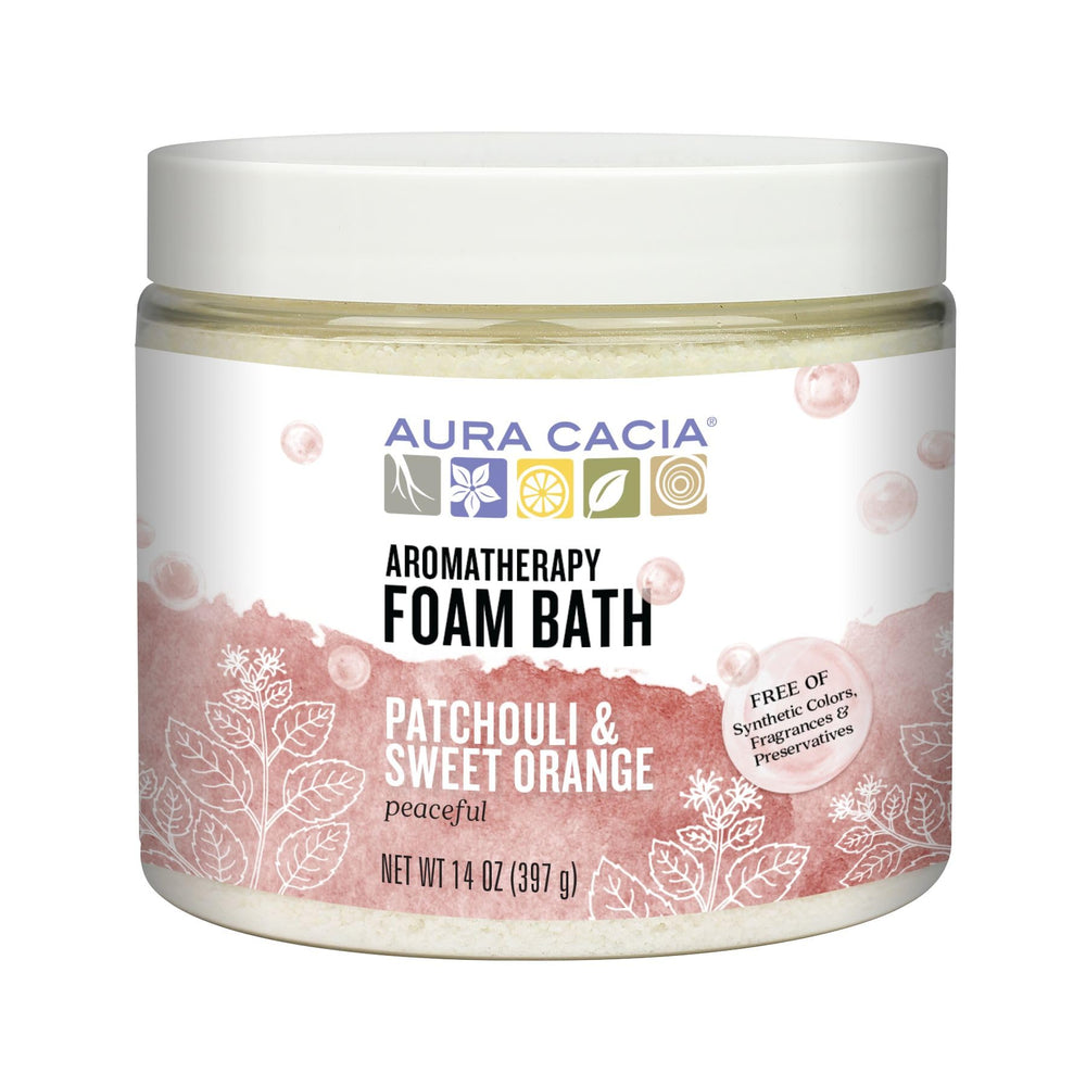 Aura Cacia Peaceful Patchouli and Sweet Orange foam bath jar, promotes calm relaxation.