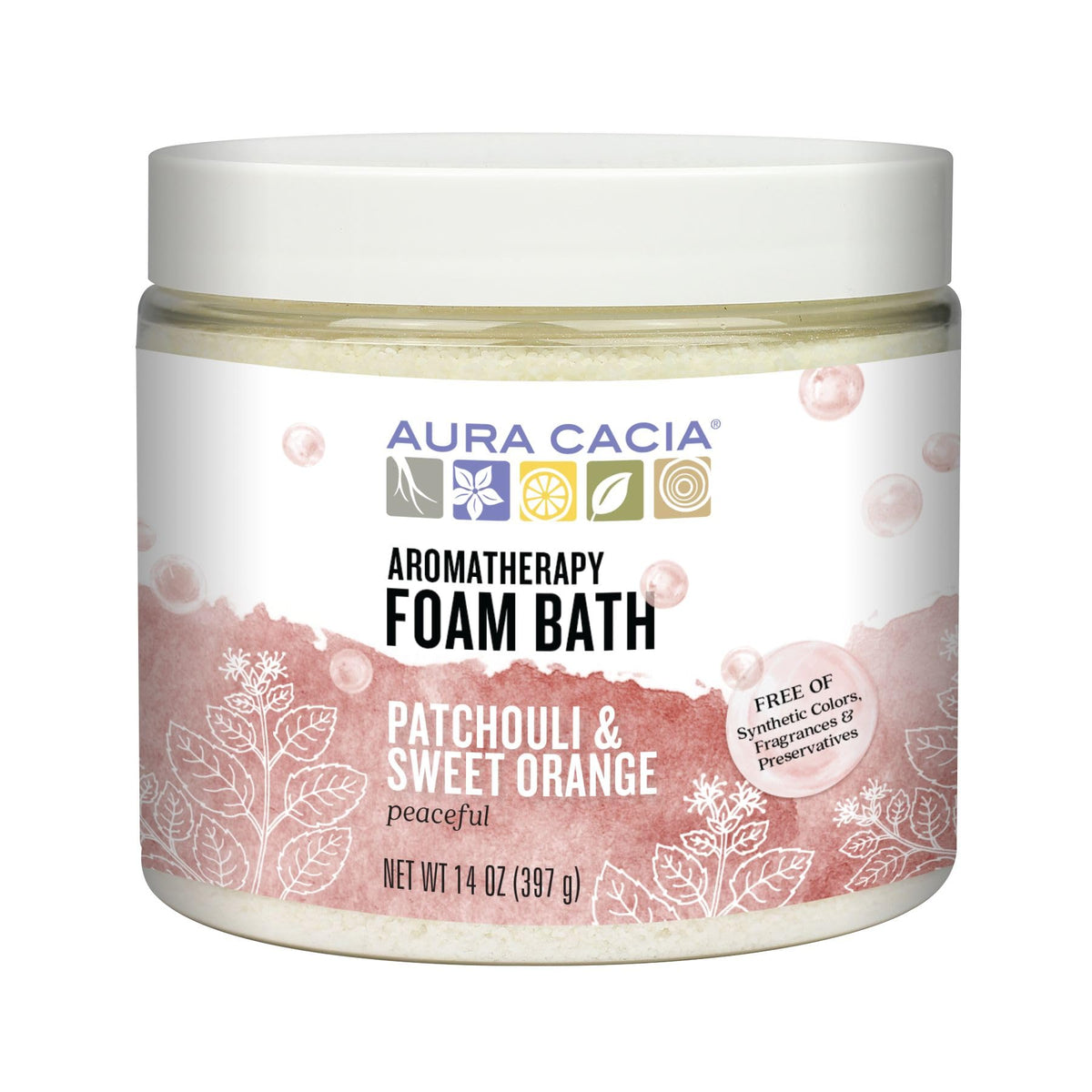Aura Cacia Peaceful Patchouli and Sweet Orange foam bath jar, promotes calm relaxation.