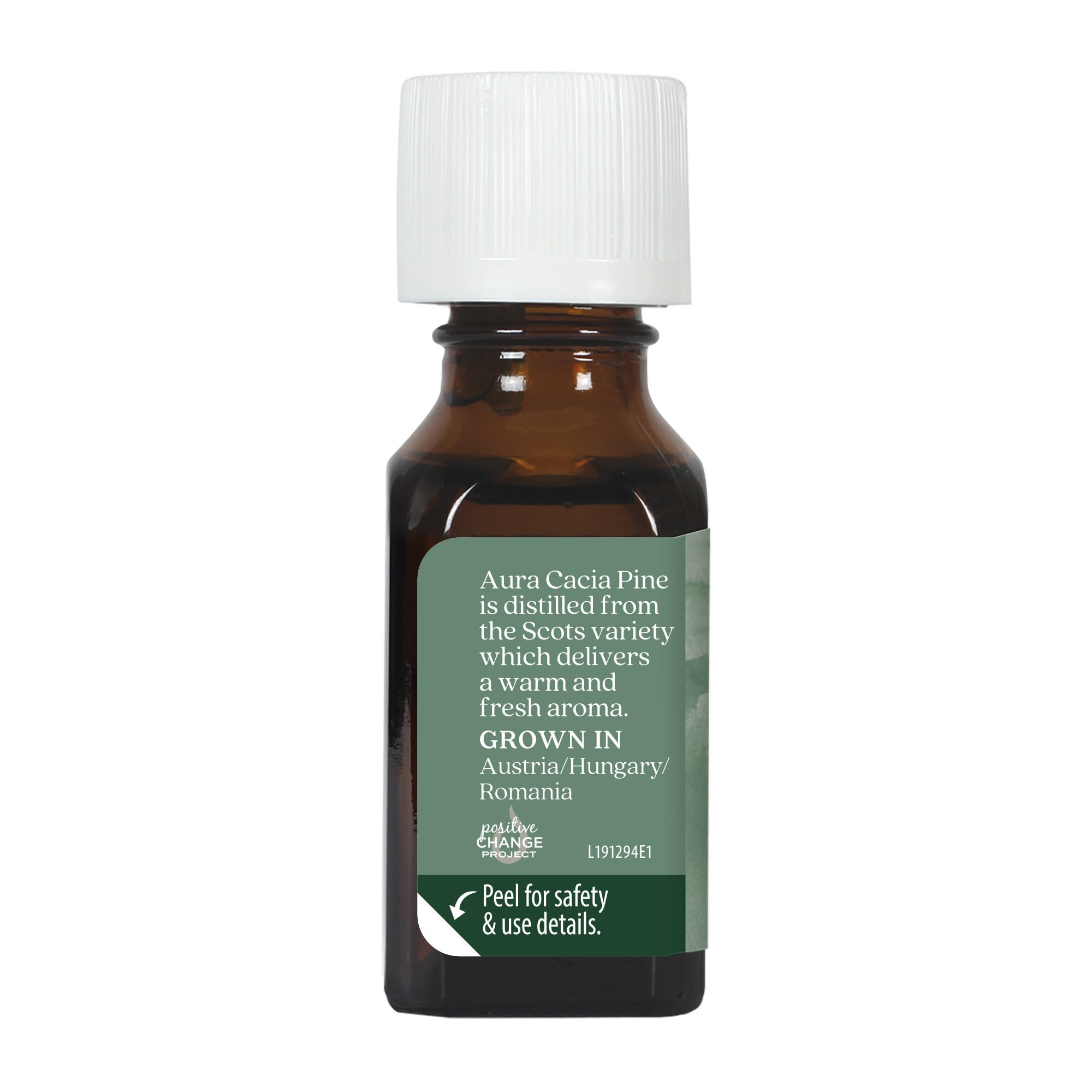 Aura Cacia Pine essential oil packaging label indicating US-made quality.
