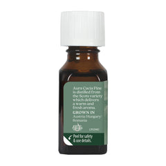 Aura Cacia Pine essential oil packaging label indicating US-made quality.