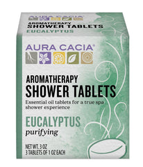 Aura Cacia Purifying Eucalyptus Shower Tablet packaging showing three individually wrapped units