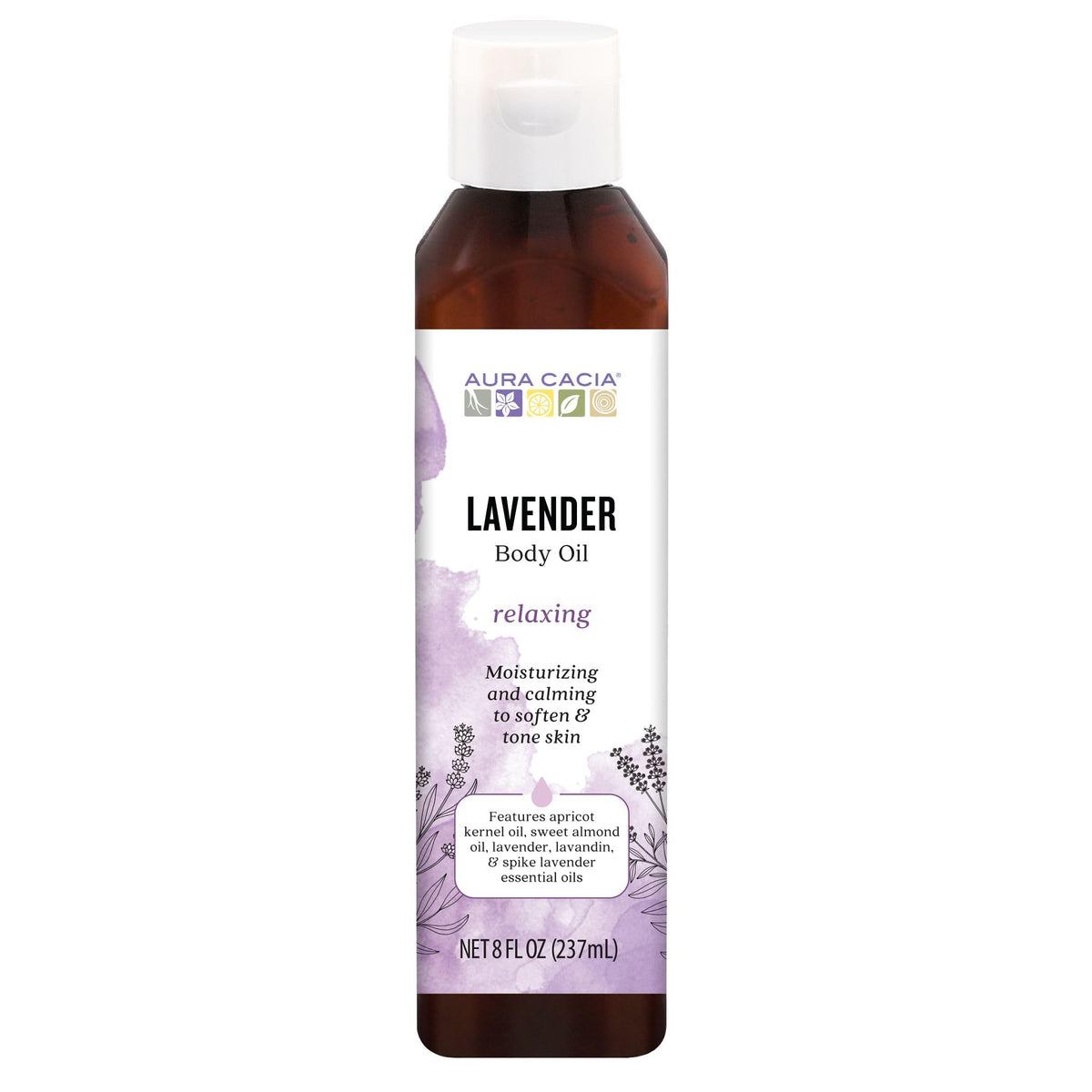 Aura Cacia relaxing lavender oil bottle evokes a calming spa-like ritual at home.