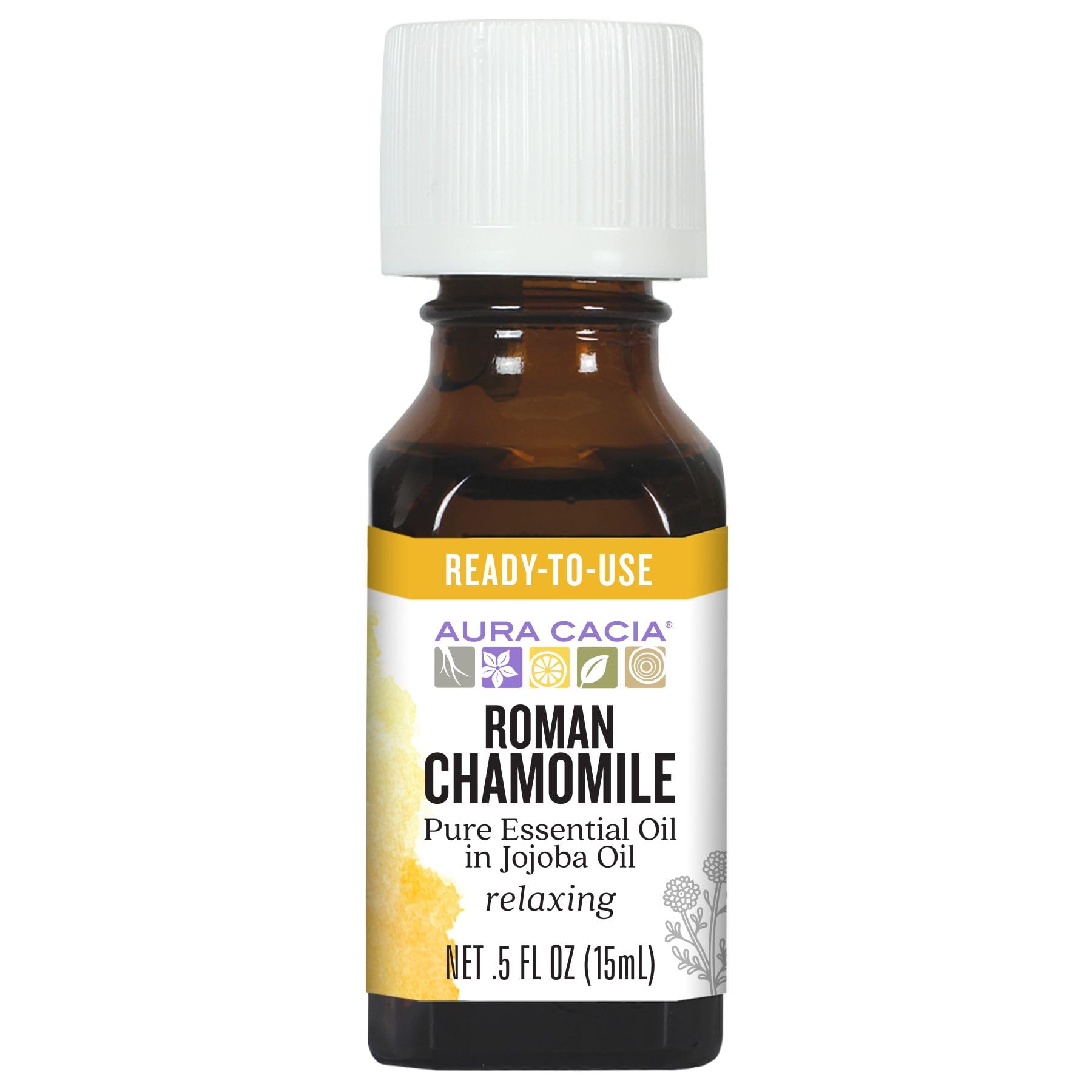 Aura Cacia Roman Chamomile in Jojoba Oil bottle pour for calming rituals.