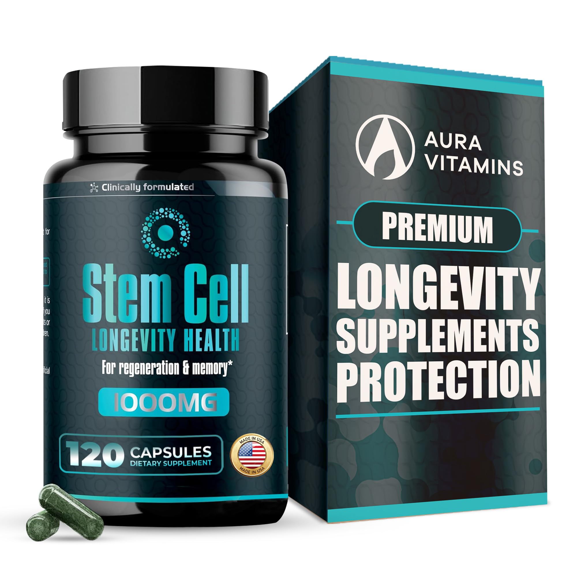Aura Vitamins stem cell 1000mg bottle front shows premium supplement for vitality