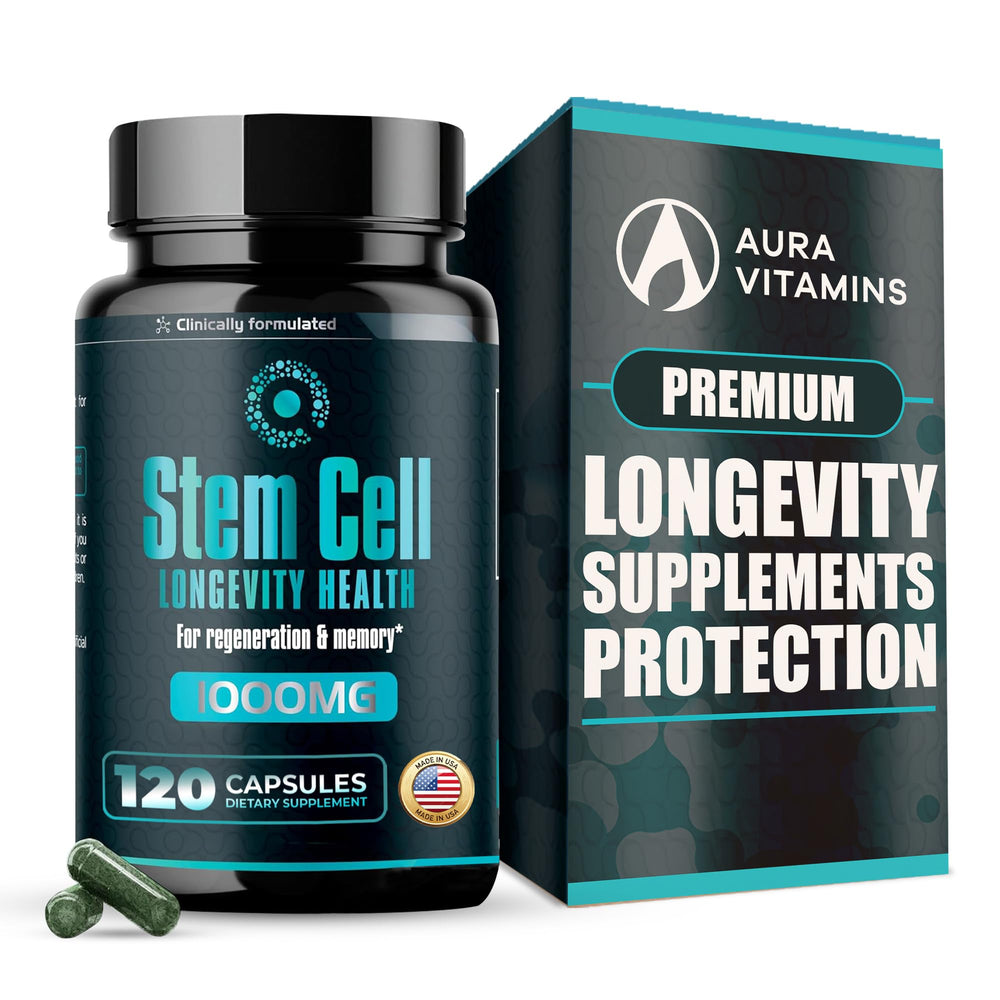 Aura Vitamins stem cell 1000mg bottle front shows premium supplement for vitality