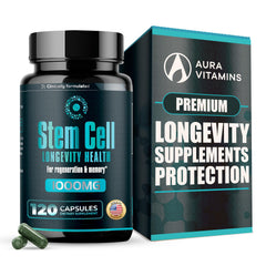 Aura Vitamins stem cell 1000mg bottle front shows premium supplement for vitality