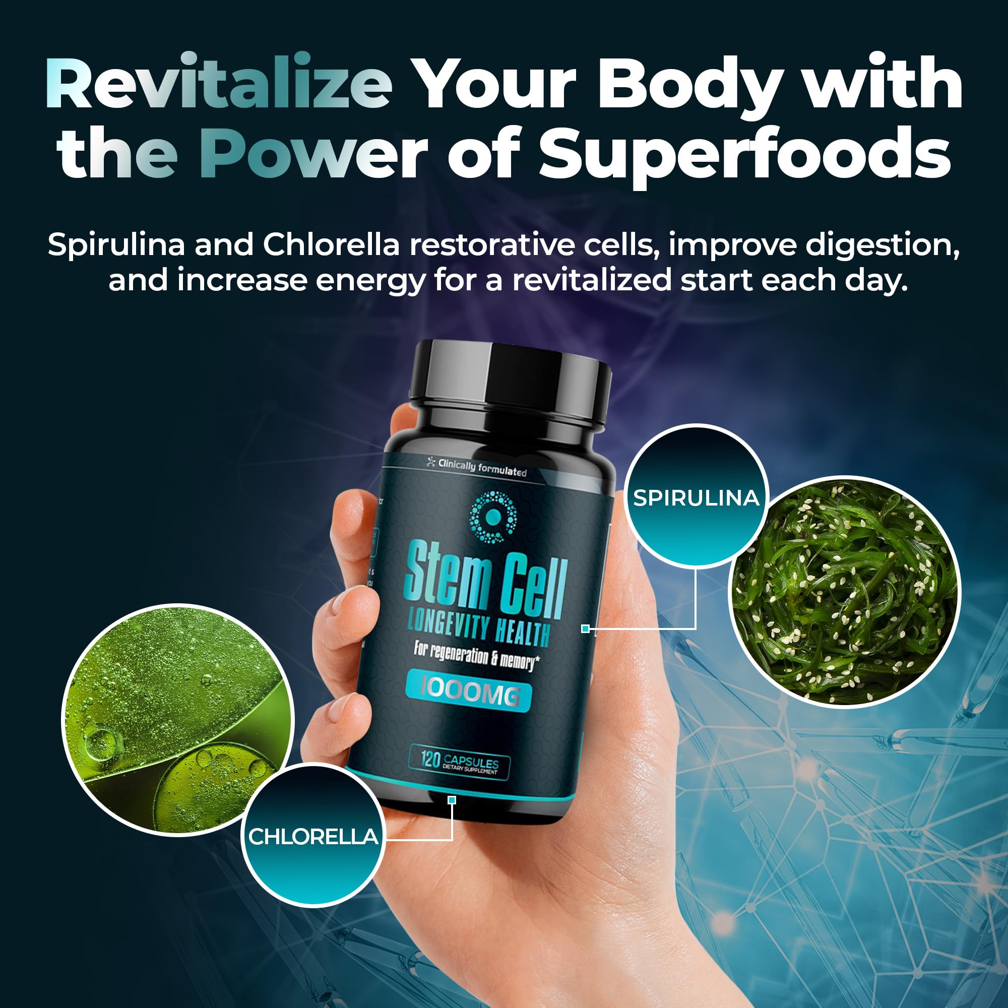 Aura Vitamins stem cell 1000mg bottle with capsules conveys daily wellness routine