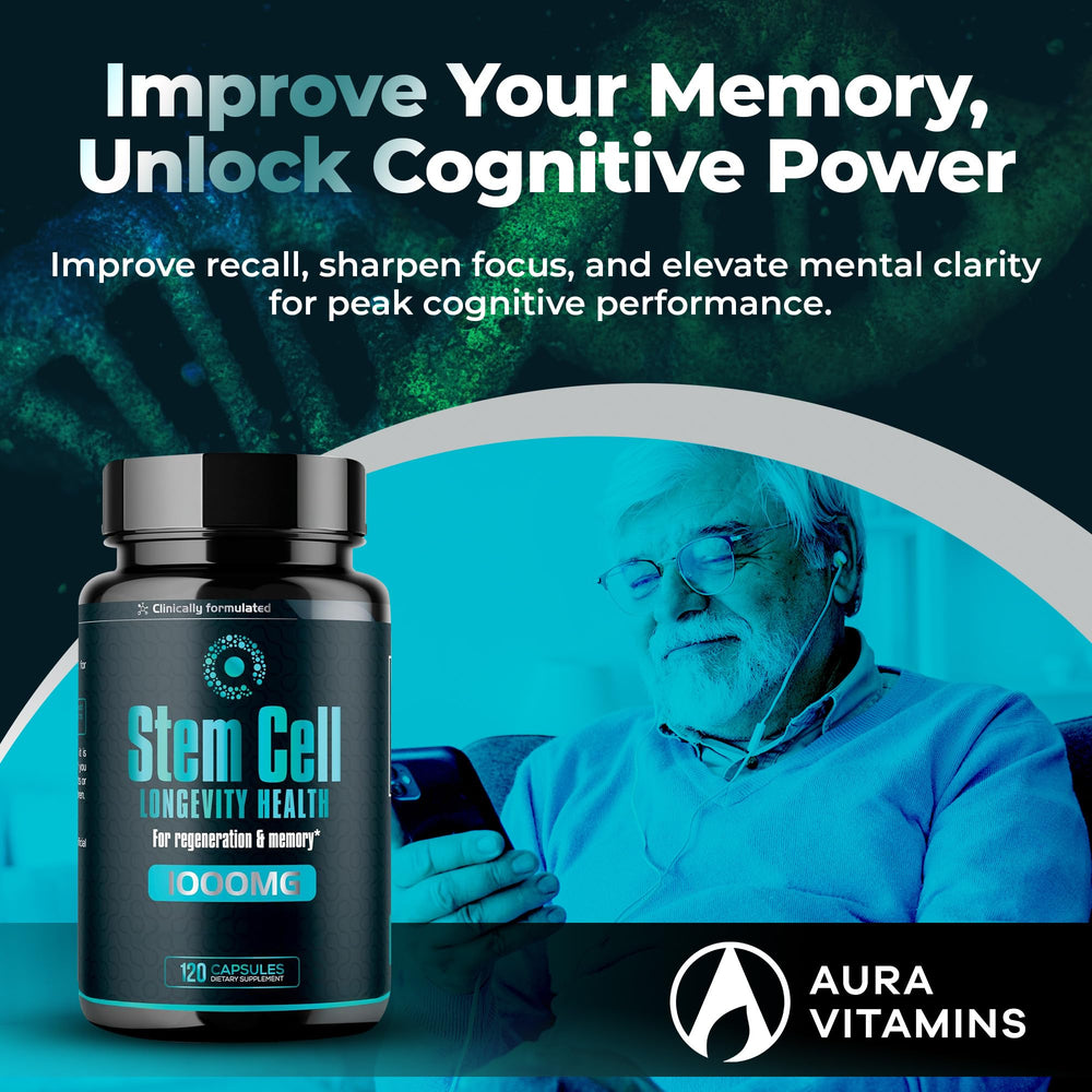 Aura Vitamins stem cell 1000mg ingredients spectrum showcases spirulina and chlorella additives
