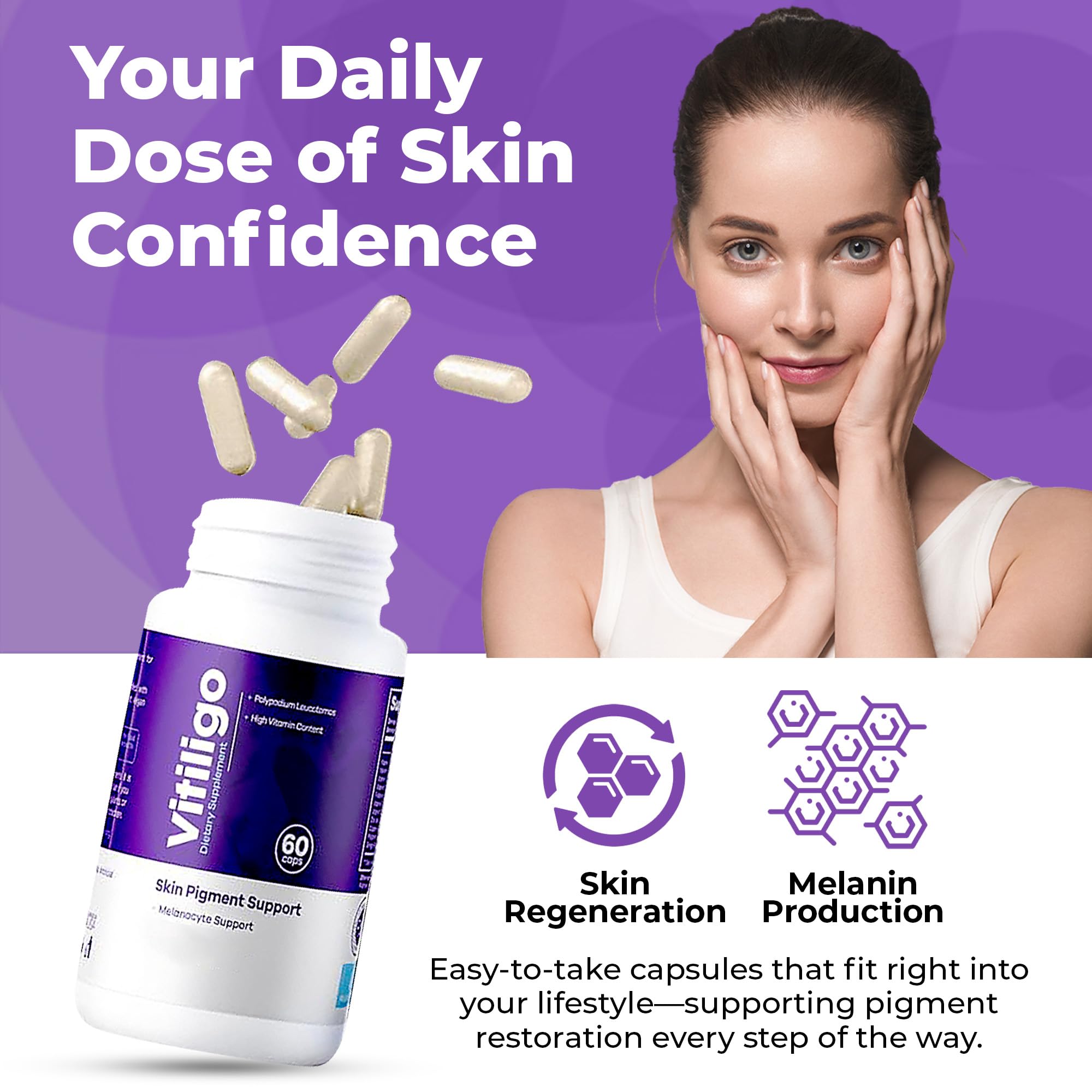 Aura Vitamins Vitiligo Capsules bottle back with dosage information for daily use.