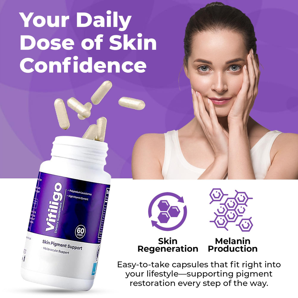 Aura Vitamins Vitiligo Capsules bottle back with dosage information for daily use.