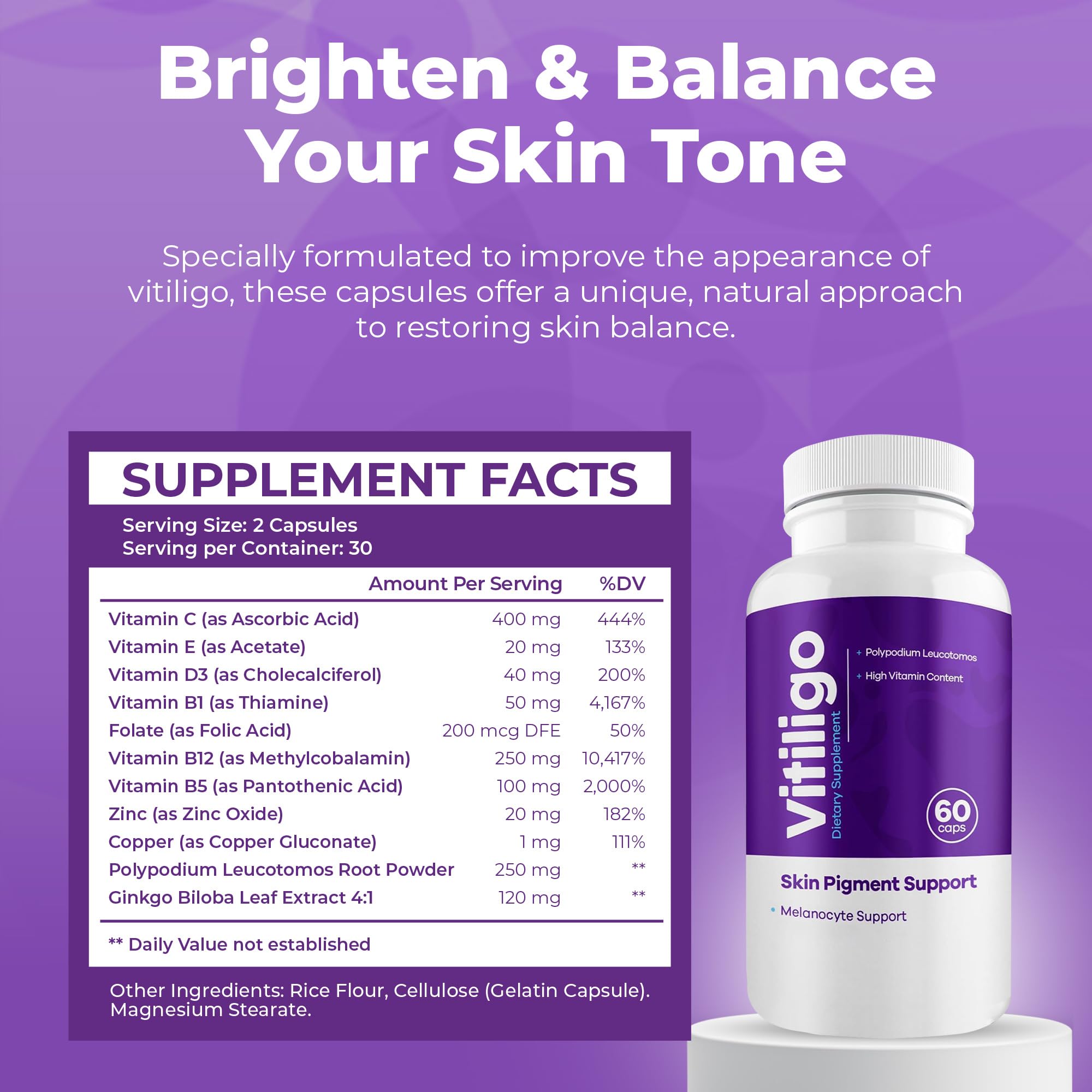 Aura Vitamins Vitiligo Capsules capsules close-up shows easy-to-swallow pills.