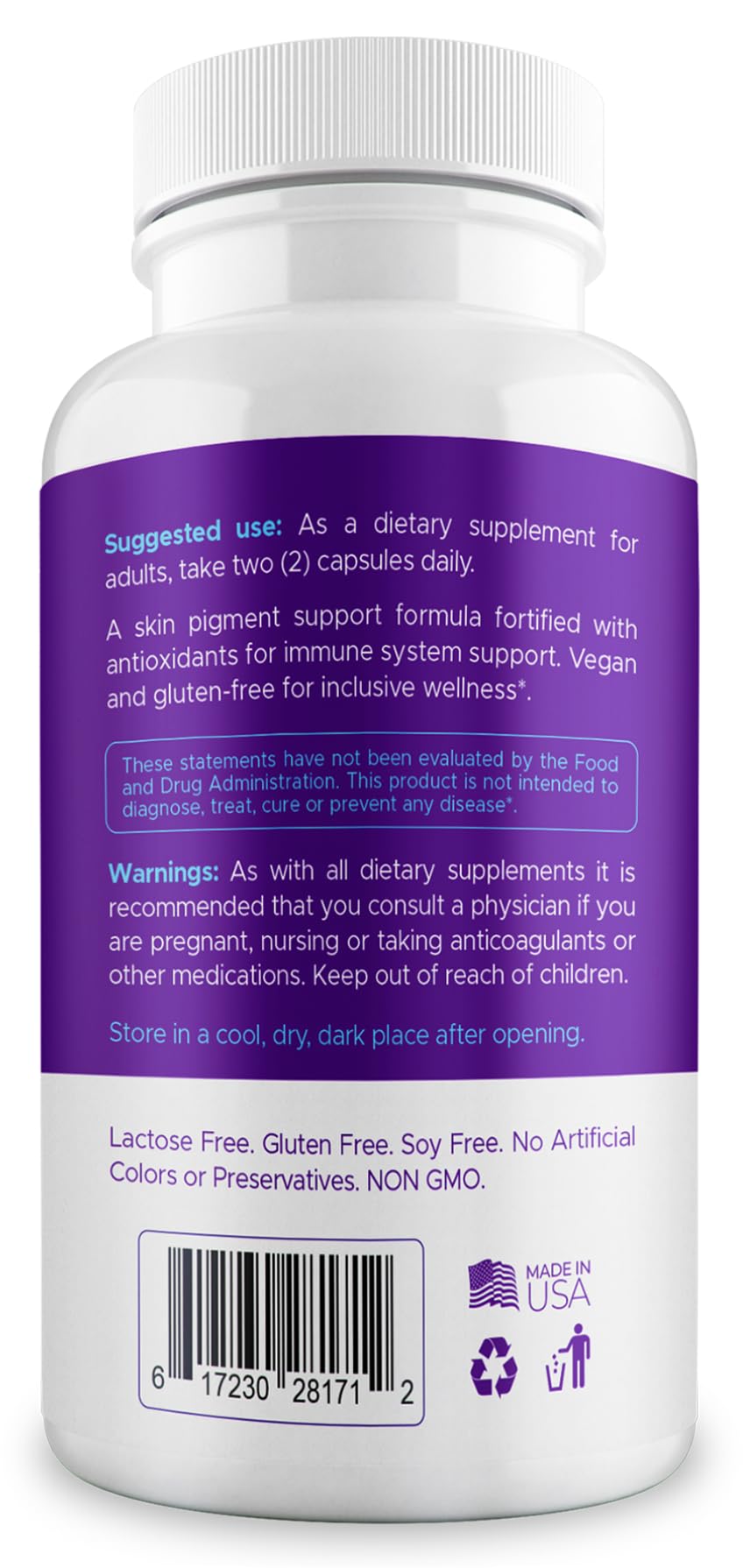 Aura Vitamins Vitiligo Capsules daily-use routine idea on packaging.