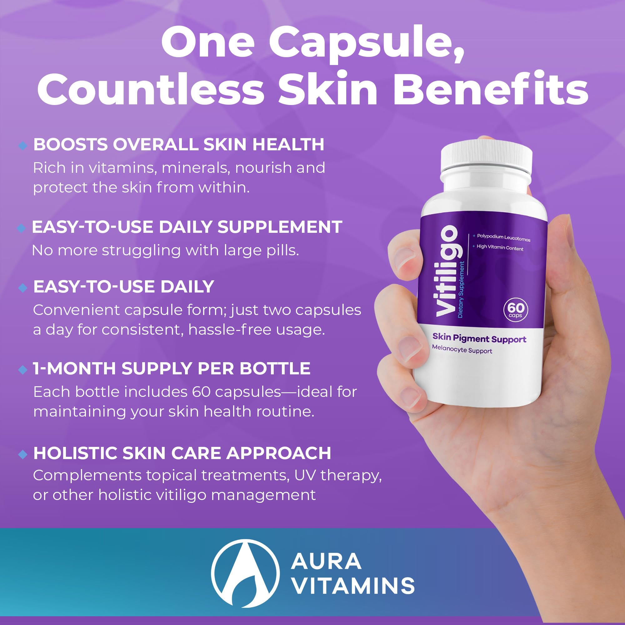 Aura Vitamins Vitiligo Capsules ingredients chart outlines vitamin and mineral blend.