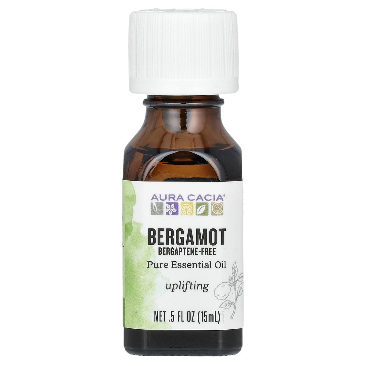 Aura Cacia Bergamot oil bottle pour for uplifting diffusers and DIY blends.