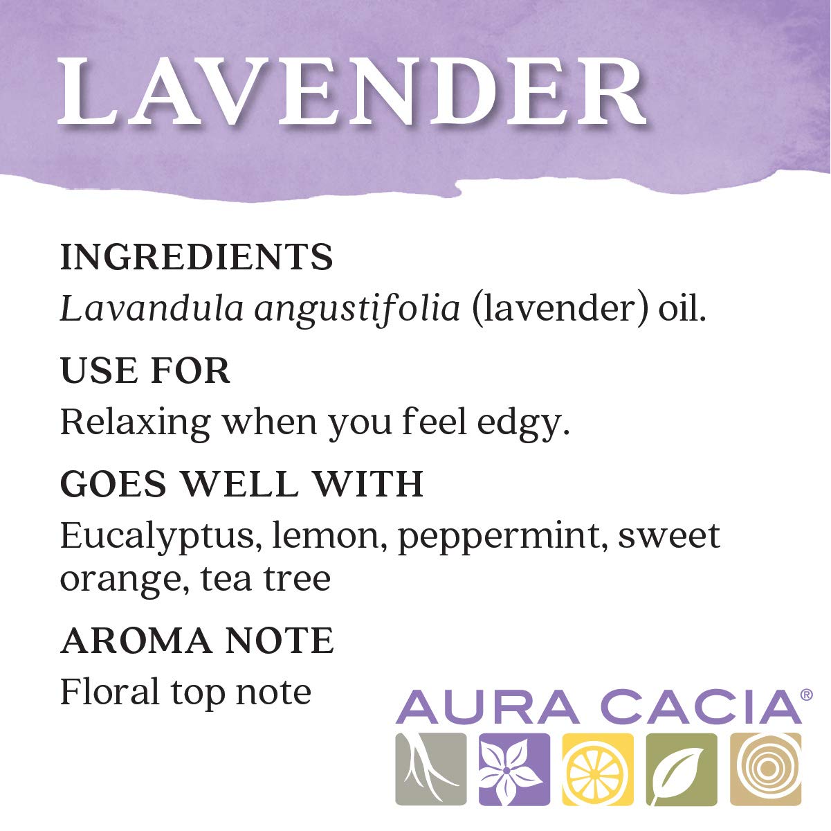 Aura Cacia brand logo on premium lavender oil packaging