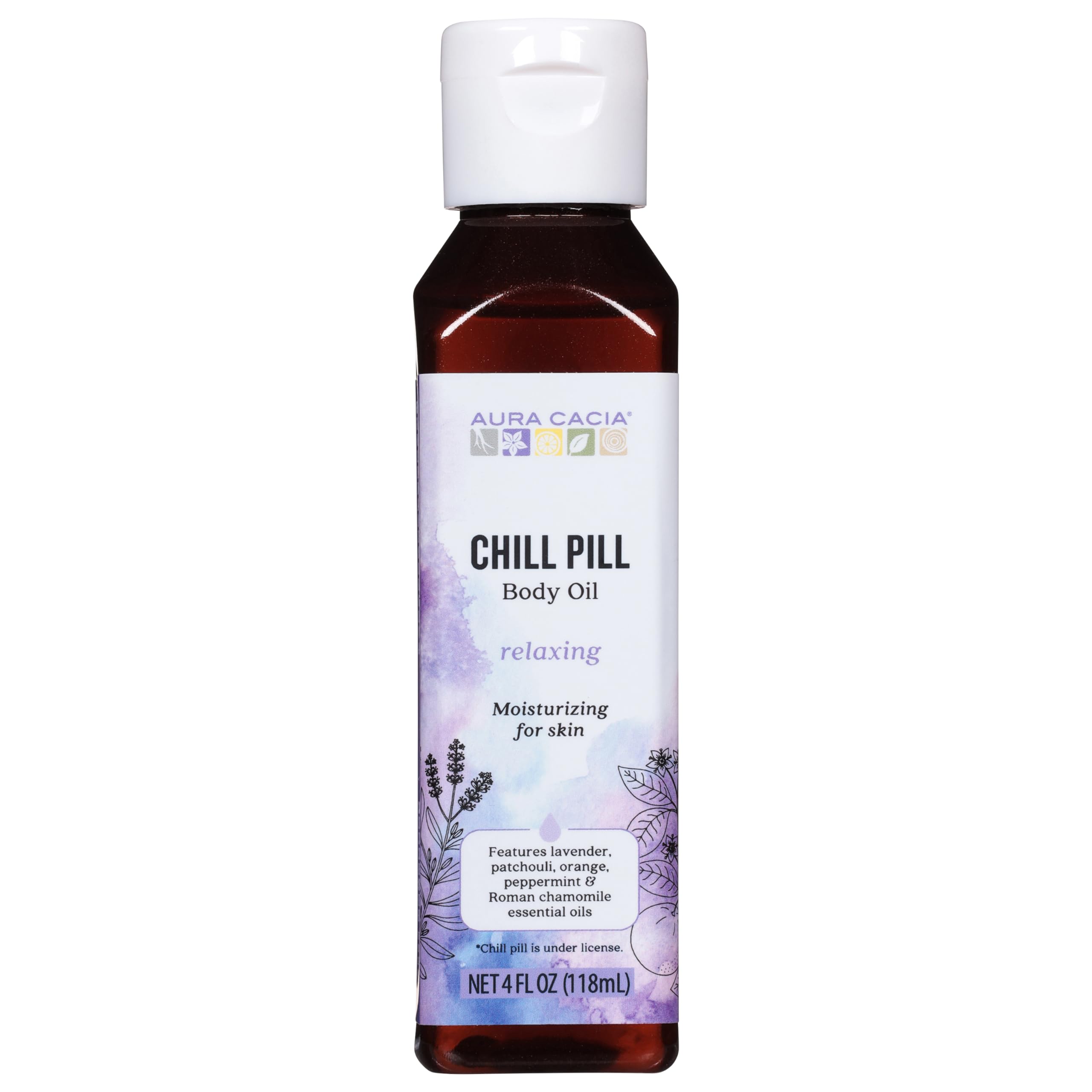 Aura Cacia Chill Pill body oil bottle showing relaxing lavender blend for daily moisture