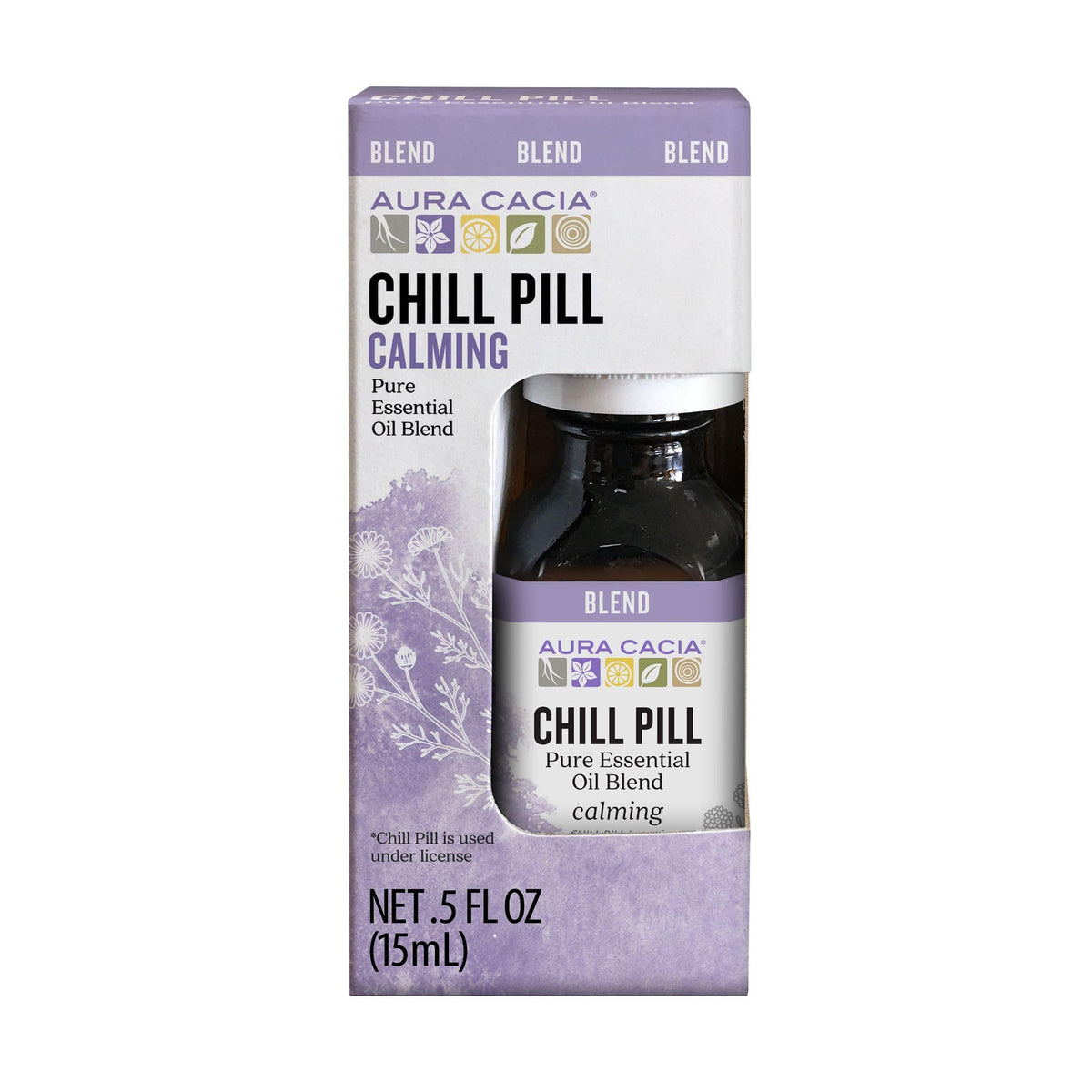 Aura Cacia Chill Pill bottle closeup for calming aromatherapy at home.