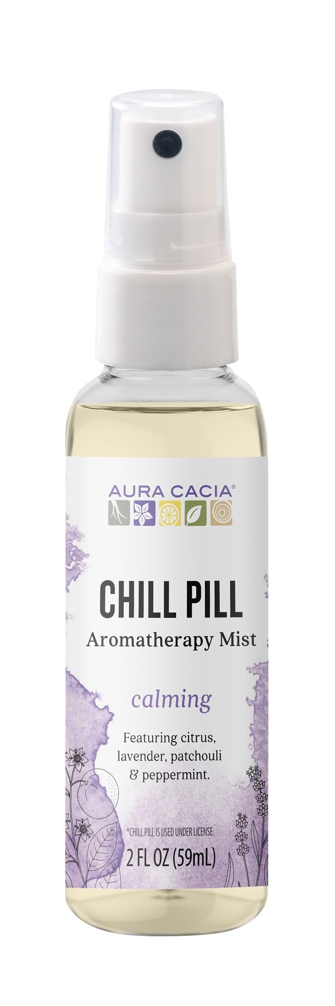 Aura Cacia Chill Pill Mist lavender bottle for calming aromatherapy on the go.