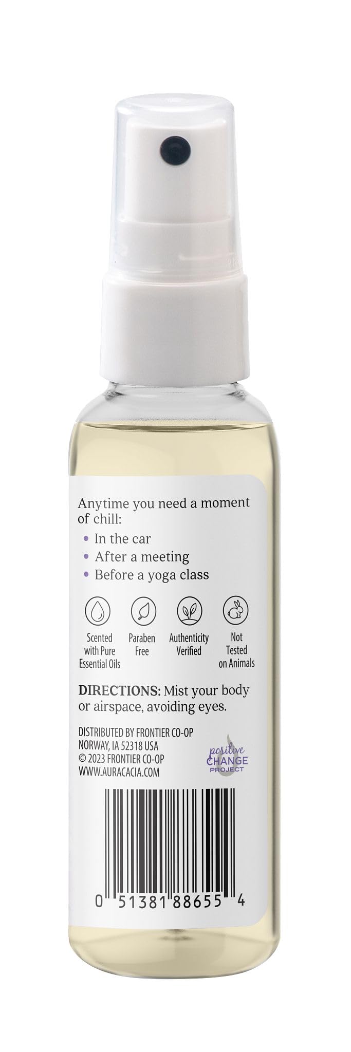 Aura Cacia Chill Pill Mist orange bottle highlights energizing citrus aroma for quick refresh.