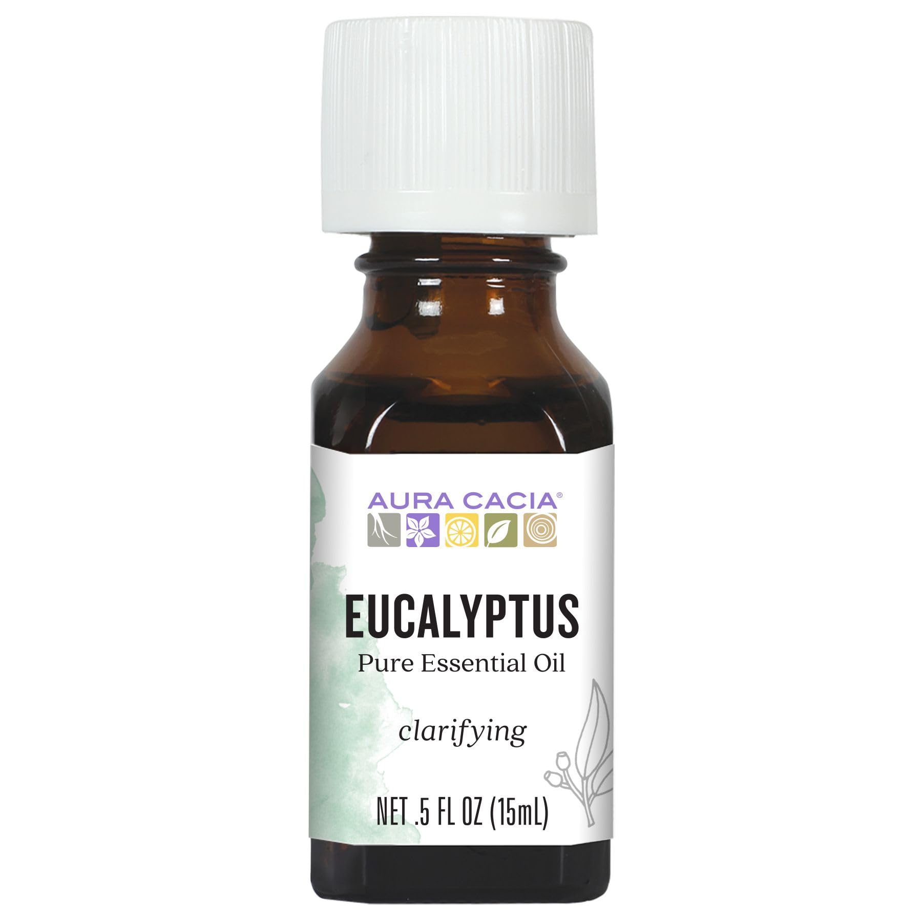 Aura Cacia eucalyptus bottle 0.5oz for diffusing a fresh, camphor-inspired scent.