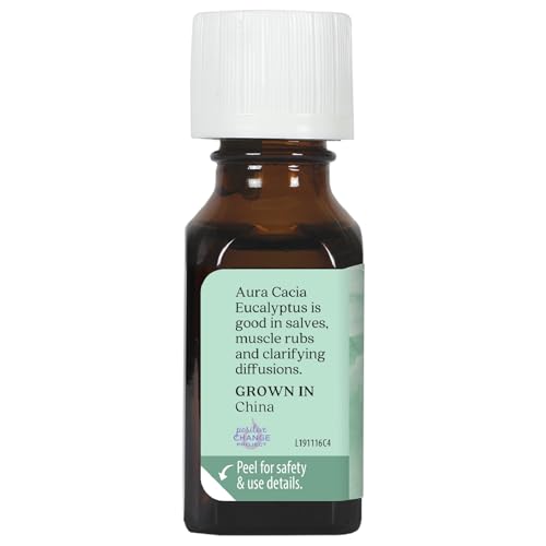 Aura Cacia eucalyptus cap detail signals secure, tamper-evident packaging.