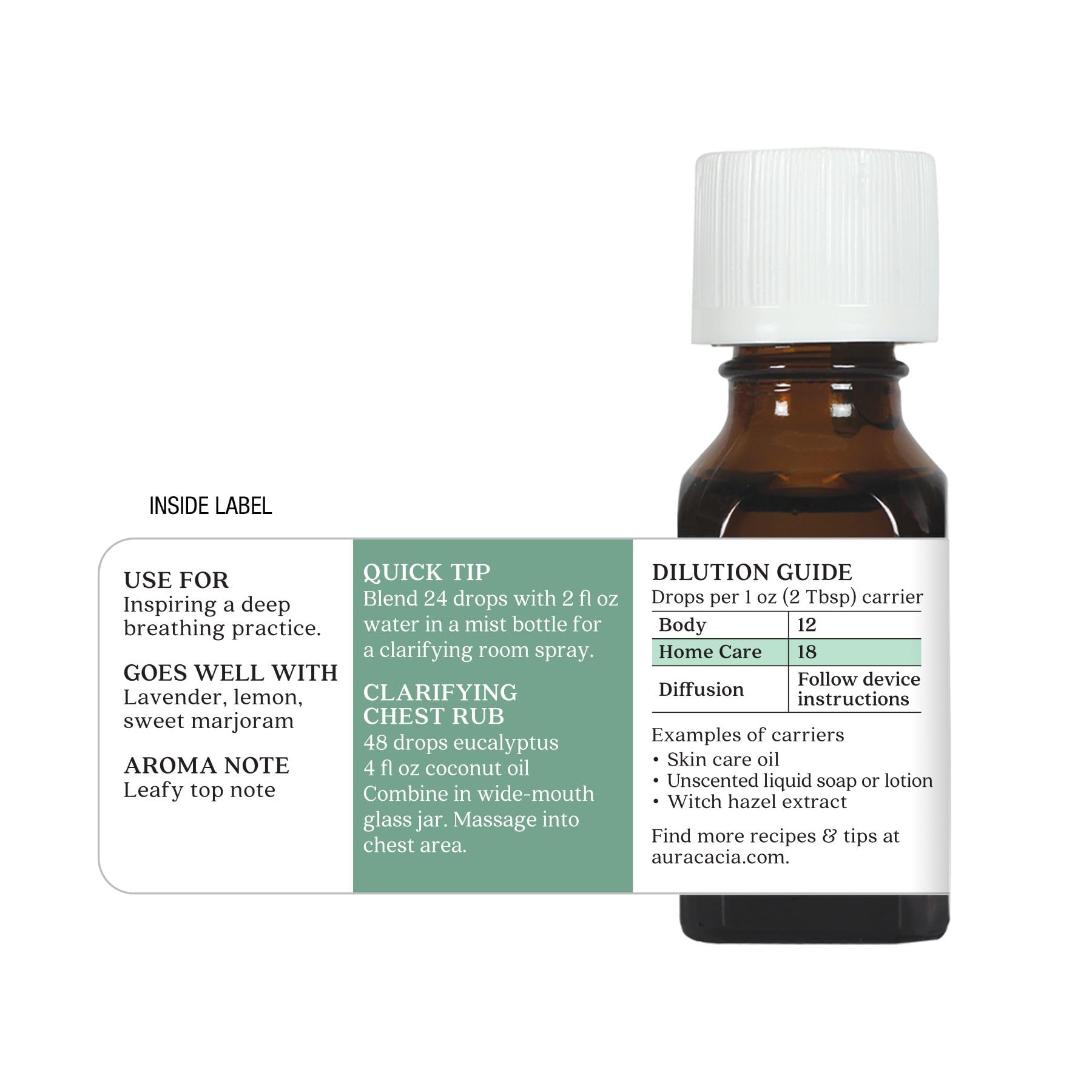 Aura Cacia eucalyptus label highlights natural ingredients and no artificial colors.