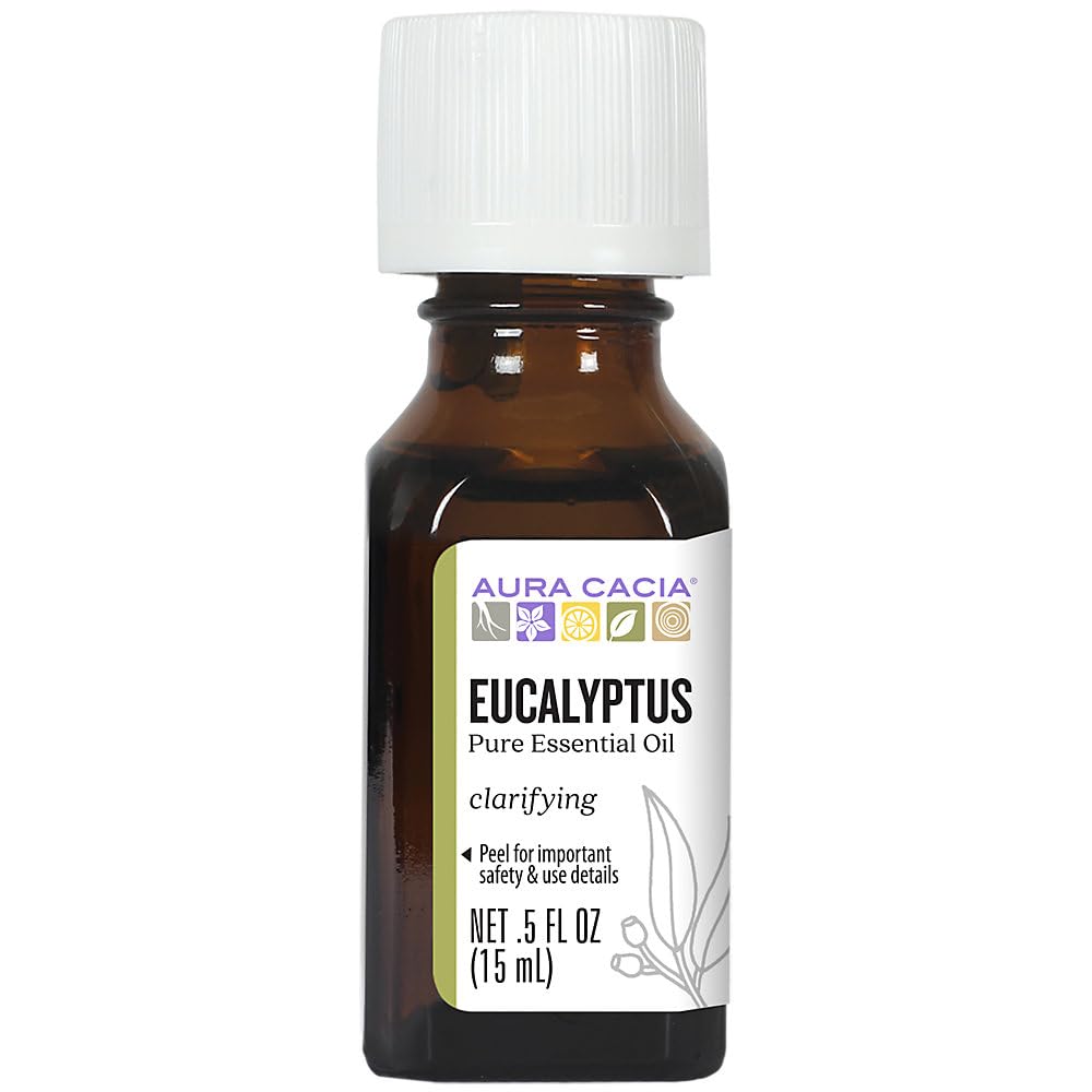 Aura Cacia eucalyptus oil bottle 0.5 oz for refreshing diffusers and blends.