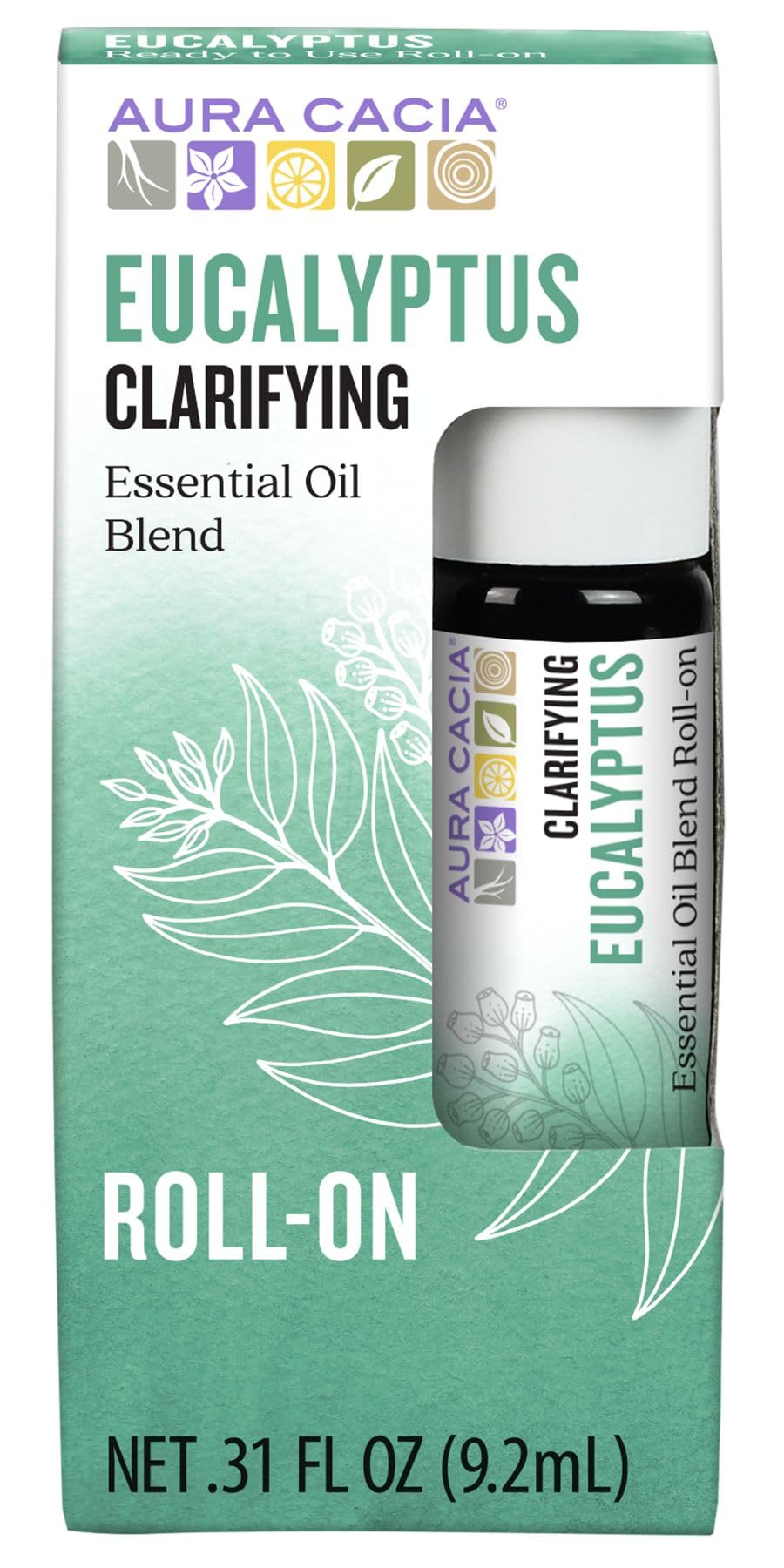 Aura Cacia Eucalyptus Roll-On bottle closeup shows compact on-the-go design.