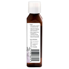 Aura Cacia Relaxing Lavender label closeup showcasing pure essential oil blend for skin care.