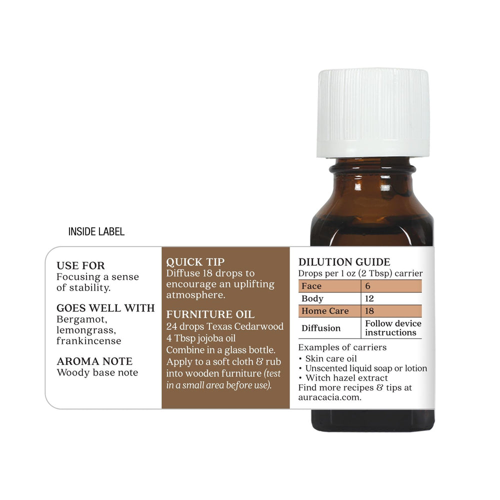 Eco-friendly sourcing highlights Aura Cacia Texas Cedarwood oil's responsible byproduct use.