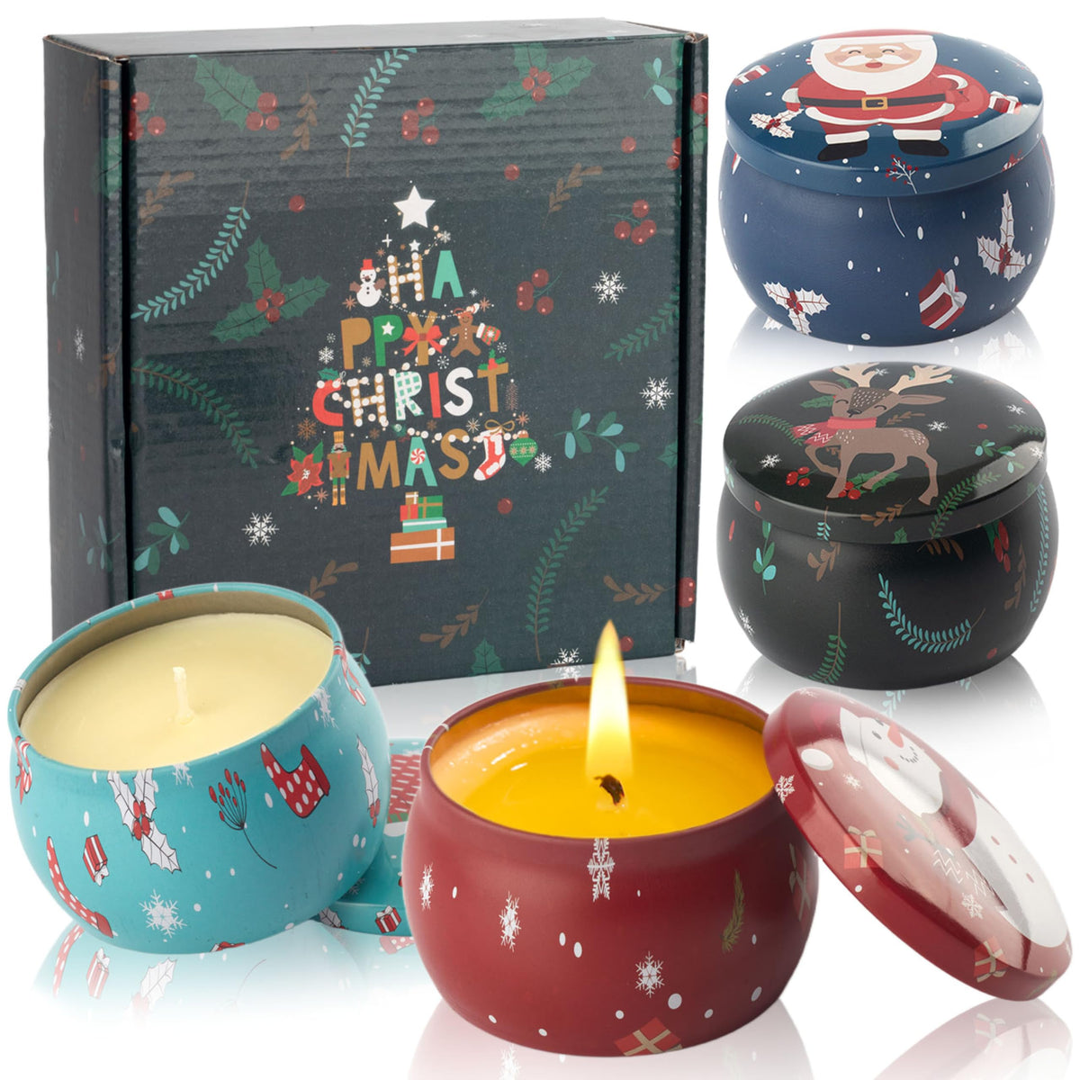 Auralome Christmas candle collection 4pcs in tins, perfect for gifting and cozy ambiance.