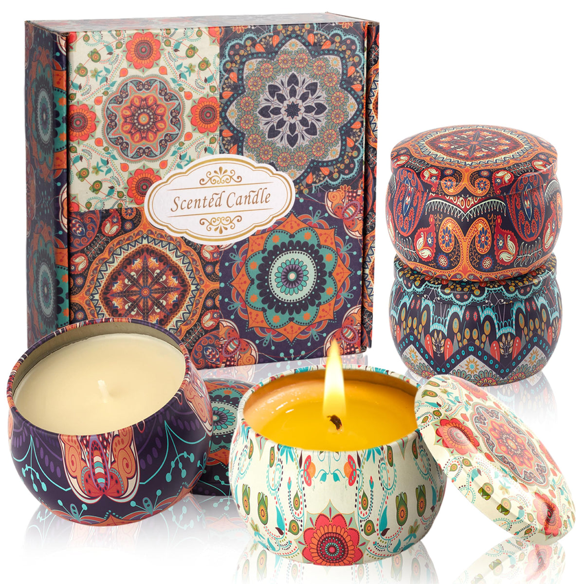 Auralome gift-set four-pack scented candles in elegant tins for cozy home ambiance.