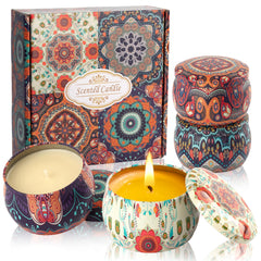 Auralome gift-set four-pack scented candles in elegant tins for cozy home ambiance.
