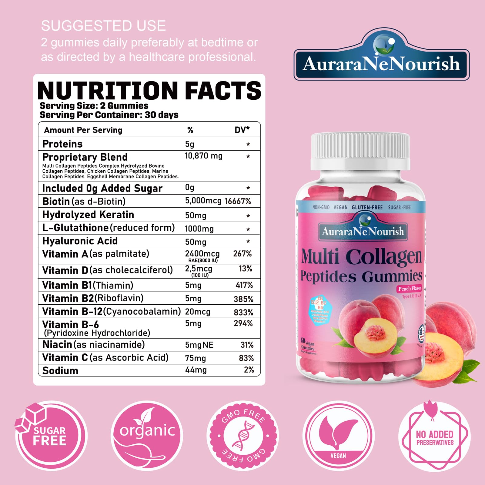 AuraraNeNourish bottle close-up highlights vegan, sugar-free formula.